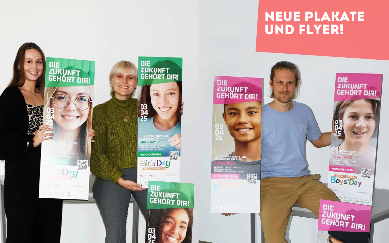 Junge Menschen mit Girls'Day- und Boys'Day-Plakaten in den Händen