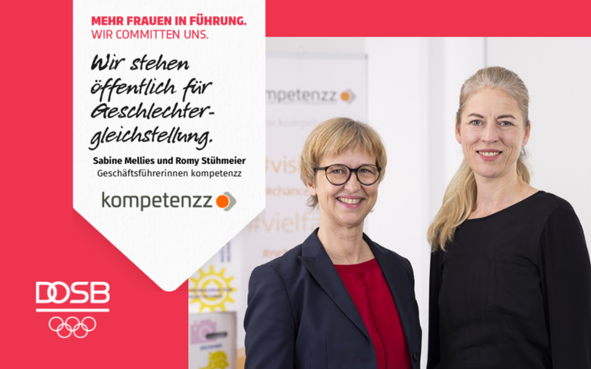 Grafik mit der Aufschrift: Mehr Frauen in Führung. Wir committen uns. Sabine Mellies und Romy Stühmeier.