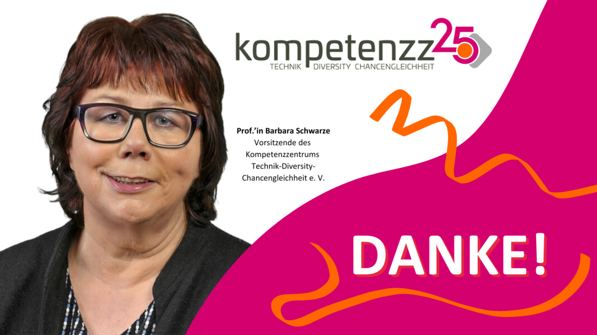 Auf der Grafik ist das Jubiläumslogo des Kompetenzzentrums Technik-Diversity-Chancengleichheit e. V. zu sehen. Unten rechts steht groß: Danke. Links ist das Portrait der Vorsitzenden Prof.'in Barbara Schwarze zu sehen.